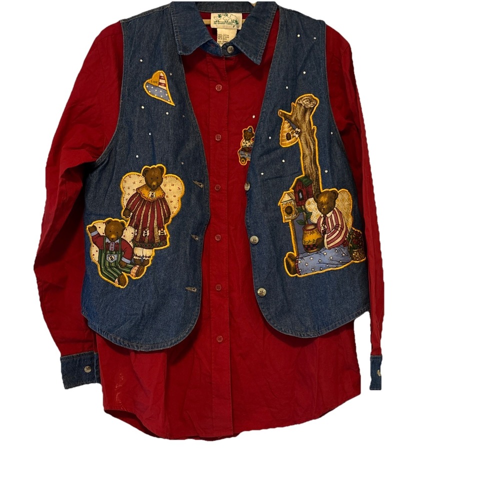 Vtg Quacker Factory Women's Small 2-pc Set Shirt Denim Vest‎ Bears Rhinestone